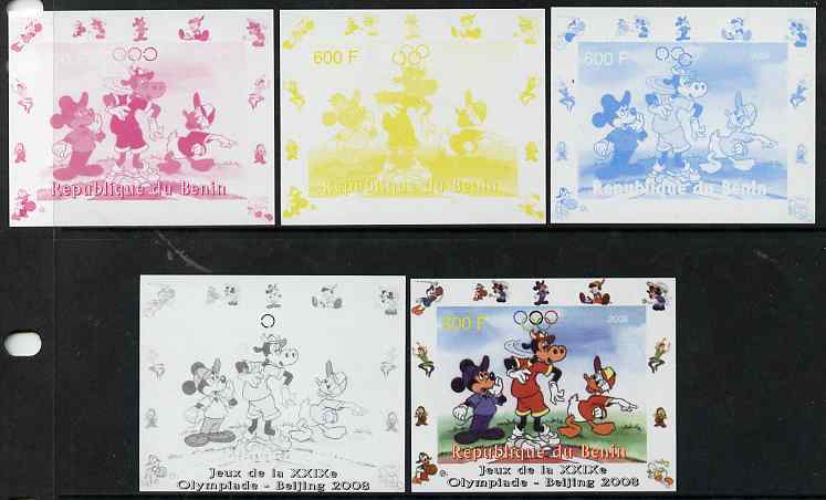 Benin 2008 Disney Characters playing Baseball #03 individual deluxe sheet with Olympic Rings - the set of 5 imperf progressive proofs comprising the 4 individual colours ..., stamps on sport, stamps on olympics, stamps on baseball, stamps on disney