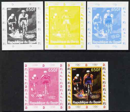 Benin 2007 Cycling #2 - individual deluxe sheet with Olympic Rings & Disney Character - the set of 5 imperf progressive proofs comprising the 4 individual colours plus al..., stamps on sport, stamps on olympics, stamps on bicycles, stamps on disney