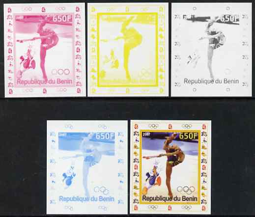 Benin 2007 Gymnastics #3 - individual deluxe sheet with Olympic Rings & Disney Character - the set of 5 imperf progressive proofs comprising the 4 individual colours plus all 4-colour composite, unmounted mint , stamps on sport, stamps on olympics, stamps on gymnastics, stamps on  gym , stamps on disney