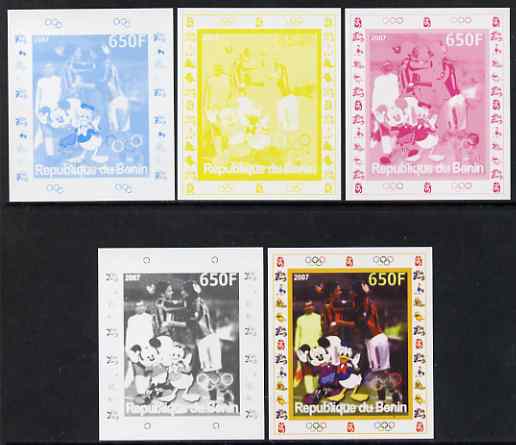 Benin 2007 Football #1 - individual deluxe sheet with Olympic Rings & Disney Character - the set of 5 imperf progressive proofs comprising the 4 individual colours plus all 4-colour composite, unmounted mint , stamps on , stamps on  stamps on sport, stamps on  stamps on olympics, stamps on  stamps on football, stamps on  stamps on disney