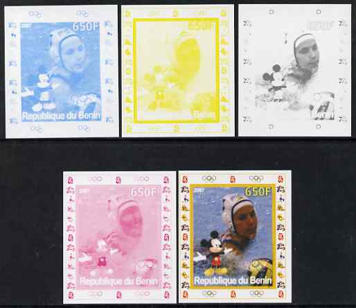 Benin 2007 Water Polo #2 - individual deluxe sheet with Olympic Rings & Disney Character - the set of 5 imperf progressive proofs comprising the 4 individual colours plus..., stamps on sport, stamps on olympics, stamps on water polo, stamps on disney