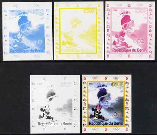 Benin 2007 Swimming #1 - individual deluxe sheet with Olympic Rings & Disney Character - the set of 5 imperf progressive proofs comprising the 4 individual colours plus a..., stamps on sport, stamps on olympics, stamps on swimming, stamps on disney