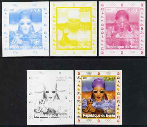 Benin 2007 Swimming #3 - individual deluxe sheet with Olympic Rings & Disney Character - the set of 5 imperf progressive proofs comprising the 4 individual colours plus all 4-colour composite, unmounted mint , stamps on sport, stamps on olympics, stamps on swimming, stamps on disney