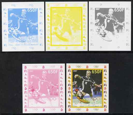Benin 2007 Badminton - individual deluxe sheet with Olympic Rings & Disney Character - the set of 5 imperf progressive proofs comprising the 4 individual colours plus all..., stamps on sport, stamps on olympics, stamps on badminton, stamps on disney