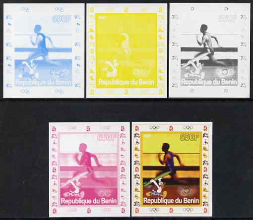 Benin 2007 Running - individual deluxe sheet with Olympic Rings & Disney Character - the set of 5 imperf progressive proofs comprising the 4 individual colours plus all 4-colour composite, unmounted mint , stamps on , stamps on  stamps on sport, stamps on  stamps on olympics, stamps on  stamps on running, stamps on  stamps on disney