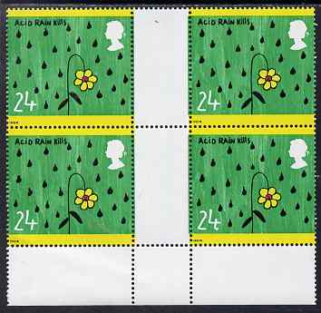 Great Britain 1992 Protection of the Environment - 24p Acid Rain positional gutter block of 4, one stamp with large dot by value, unmounted mint SG1629 var, stamps on environment, stamps on weather
