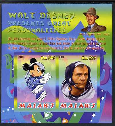 Malawi 2009 Walt Disney Presents Great Personalities - Neil Armstrong imperf sheetlet containing 2 values unmounted mint, stamps on personalities, stamps on disney, stamps on films, stamps on cinema, stamps on movies, stamps on space, stamps on apollo, stamps on masonics, stamps on , stamps on masonry