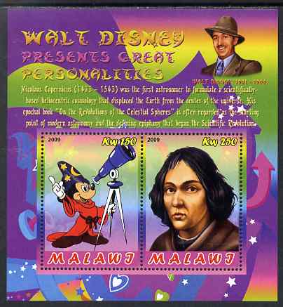 Malawi 2009 Walt Disney Presents Great Personalities - Copernicus perf sheetlet containing 2 values unmounted mint, stamps on personalities, stamps on disney, stamps on films, stamps on cinema, stamps on movies, stamps on space, stamps on science, stamps on maths, stamps on mathematics, stamps on astronomy, stamps on telescopes
