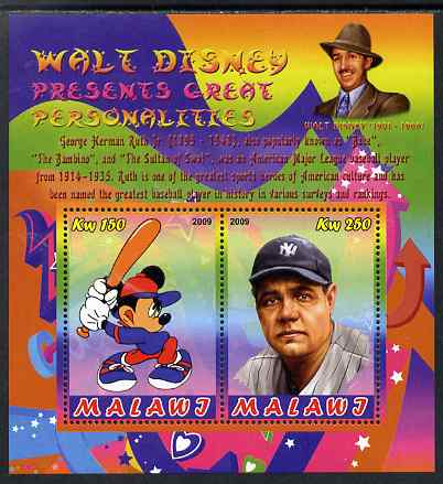 Malawi 2009 Walt Disney Presents Great Personalities - Babe Ruth perf sheetlet containing 2 values unmounted mint, stamps on personalities, stamps on disney, stamps on films, stamps on cinema, stamps on movies, stamps on sport, stamps on baseball