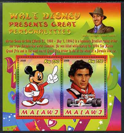Malawi 2009 Walt Disney Presents Great Personalities - Ayrton Senna perf sheetlet containing 2 values unmounted mint, stamps on personalities, stamps on disney, stamps on films, stamps on cinema, stamps on movies, stamps on sport, stamps on  f1 , stamps on formula 1, stamps on cars, stamps on cigarettes, stamps on tobacco