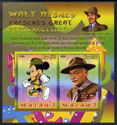 Malawi 2009 Walt Disney Presents Great Personalities - Baden Powell perf sheetlet containing 2 values unmounted mint, stamps on personalities, stamps on disney, stamps on films, stamps on cinema, stamps on movies, stamps on scouts