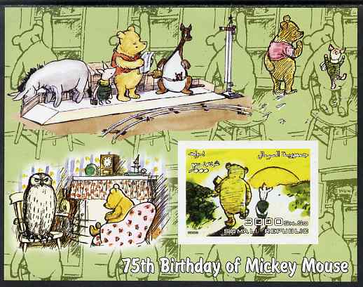 Somalia 2003 75th Birthday of Mickey Mouse - Winnie the Pooh #1 imperf s/sheet unmounted mint. Note this item is privately produced and is offered purely on its thematic ..., stamps on disney, stamps on films, stamps on cinema, stamps on movies, stamps on bears, stamps on fairy tales, stamps on owls, stamps on clocks