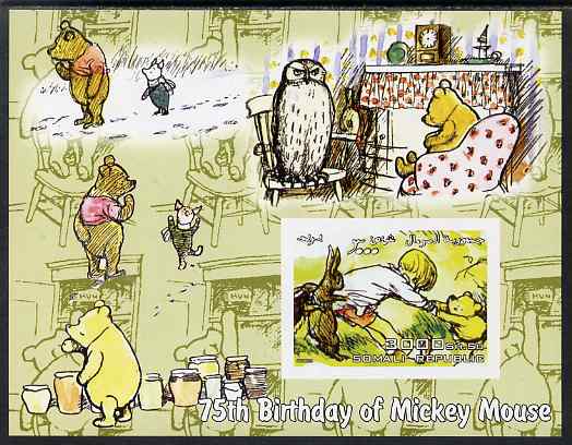 Somalia 2003 75th Birthday of Mickey Mouse - Winnie the Pooh #3 imperf s/sheet unmounted mint. Note this item is privately produced and is offered purely on its thematic appeal, stamps on , stamps on  stamps on disney, stamps on  stamps on films, stamps on  stamps on cinema, stamps on  stamps on movies, stamps on  stamps on bears, stamps on  stamps on fairy tales, stamps on  stamps on owls, stamps on  stamps on clocks