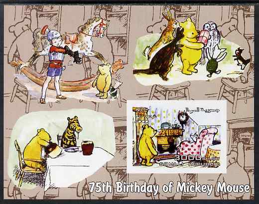 Somalia 2003 75th Birthday of Mickey Mouse - Winnie the Pooh #4 imperf s/sheet unmounted mint. Note this item is privately produced and is offered purely on its thematic ..., stamps on disney, stamps on films, stamps on cinema, stamps on movies, stamps on bears, stamps on fairy tales, stamps on owls, stamps on clocks, stamps on honey