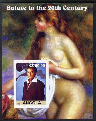 Angola 2002 Salute to the 20th Century #01 imperf s/sheet - Elvis & Nude by Renoir, unmounted mint. Note this item is privately produced and is offered purely on its thematic appeal, stamps on , stamps on  stamps on personalities, stamps on  stamps on arts, stamps on  stamps on renoir, stamps on  stamps on nude, stamps on  stamps on elvis, stamps on  stamps on music, stamps on  stamps on rock, stamps on  stamps on pops