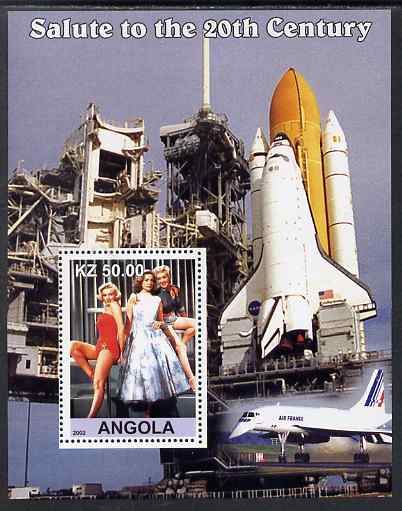 Angola 2002 Salute to the 20th Century #08 perf s/sheet - Marilyn & Space Shuttle, unmounted mint. Note this item is privately produced and is offered purely on its thema..., stamps on personalities, stamps on films, stamps on cinema, stamps on movies, stamps on music, stamps on marilyn, stamps on monroe, stamps on space, stamps on shuttle