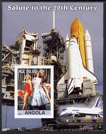 Angola 2002 Salute to the 20th Century #08 imperf s/sheet - Marilyn & Space Shuttle, unmounted mint. Note this item is privately produced and is offered purely on its thematic appeal, stamps on personalities, stamps on films, stamps on cinema, stamps on movies, stamps on music, stamps on marilyn, stamps on monroe, stamps on space, stamps on shuttle