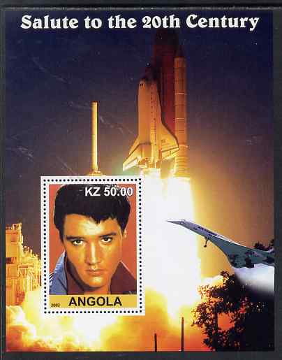 Angola 2002 Salute to the 20th Century #11 perf s/sheet - Elvis, Concorde & Space Shuttle, unmounted mint, stamps on personalities, stamps on elvis, stamps on music, stamps on films, stamps on cinema, stamps on movies, stamps on pops, stamps on rock, stamps on concorde, stamps on aviation, stamps on space, stamps on shuttle