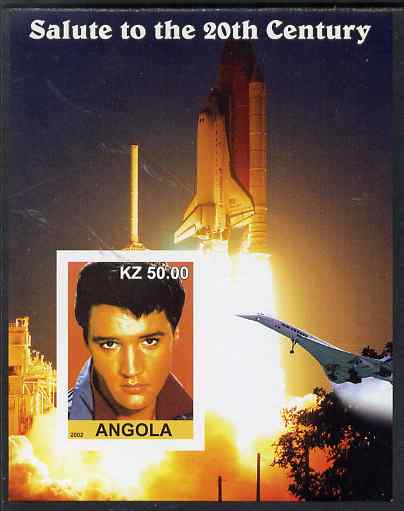 Angola 2002 Salute to the 20th Century #11 imperf s/sheet - Elvis, Concorde & Space Shuttle, unmounted mint. Note this item is privately produced and is offered purely on its thematic appeal, stamps on personalities, stamps on elvis, stamps on music, stamps on films, stamps on cinema, stamps on movies, stamps on pops, stamps on rock, stamps on concorde, stamps on aviation, stamps on space, stamps on shuttle