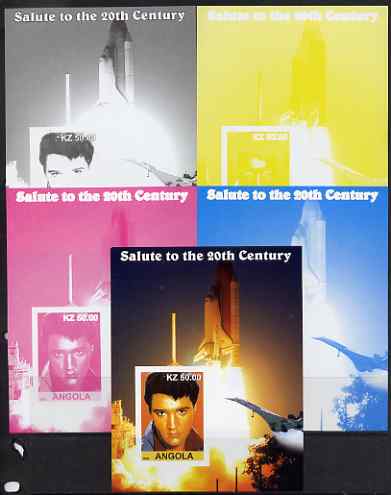 Angola 2002 Salute to the 20th Century #11 s/sheet - Elvis, Concorde & Space Shuttle - the set of 5 imperf progressive proofs comprising the 4 individual colours plus all 4-colour composite, unmounted mint , stamps on personalities, stamps on elvis, stamps on music, stamps on films, stamps on cinema, stamps on movies, stamps on pops, stamps on rock, stamps on concorde, stamps on aviation, stamps on space, stamps on shuttle