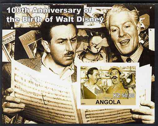Angola 2001 Birth Centenary of Walt Disney #04 imperf s/sheet - Walt Disney & Nelson Eddie, unmounted mint. Note this item is privately produced and is offered purely on its thematic appeal, stamps on personalities, stamps on music, stamps on films, stamps on cinema, stamps on movies, stamps on disney