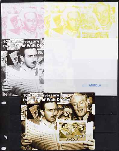 Angola 2001 Birth Centenary of Walt Disney #04 s/sheet - Walt Disney & Nelson Eddie - the set of 5 imperf progressive proofs comprising the 4 individual colours plus all 4-colour composite, unmounted mint , stamps on personalities, stamps on music, stamps on films, stamps on cinema, stamps on movies, stamps on disney