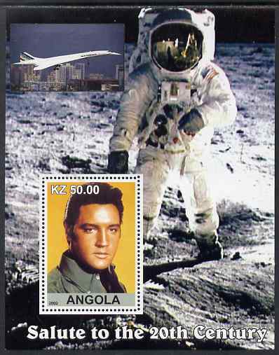 Angola 2002 Salute to the 20th Century #12 perf s/sheet - Elvis, Concorde & Neil Armstrong, unmounted mint. Note this item is privately produced and is offered purely on ..., stamps on personalities, stamps on elvis, stamps on music, stamps on films, stamps on cinema, stamps on movies, stamps on pops, stamps on rock, stamps on concorde, stamps on aviation, stamps on space, stamps on apollo