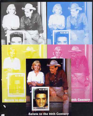 Angola 2002 Salute to the 20th Century #15 s/sheet - Elvis, Marilyn & Clark Gable - the set of 5 imperf progressive proofs comprising the 4 individual colours plus all 4-colour composite, unmounted mint , stamps on personalities, stamps on elvis, stamps on music, stamps on films, stamps on cinema, stamps on movies, stamps on pops, stamps on rock, stamps on marilyn, stamps on 