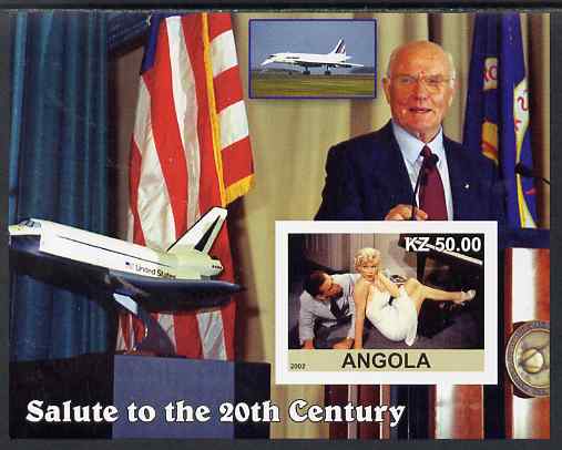 Angola 2002 Salute to the 20th Century #16 imperf s/sheet - Marilyn, John Glenn & Space Shuttle, unmounted mint. Note this item is privately produced and is offered purel..., stamps on personalities, stamps on films, stamps on cinema, stamps on movies, stamps on music, stamps on marilyn, stamps on monroe, stamps on space, stamps on shuttle, stamps on flags