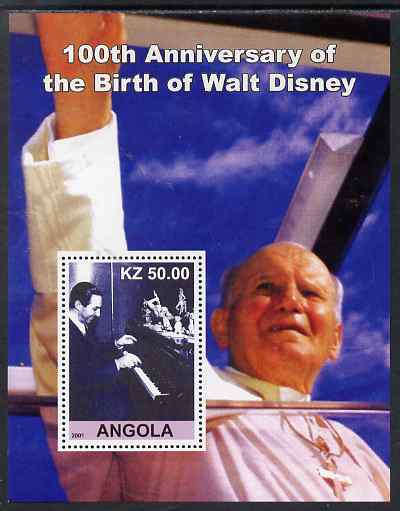 Angola 2001 Birth Centenary of Walt Disney #06 perf s/sheet - Disney at Piano & Pope, unmounted mint. Note this item is privately produced and is offered purely on its thematic appeal, stamps on personalities, stamps on music, stamps on films, stamps on cinema, stamps on movies, stamps on pope, stamps on religion, stamps on disney