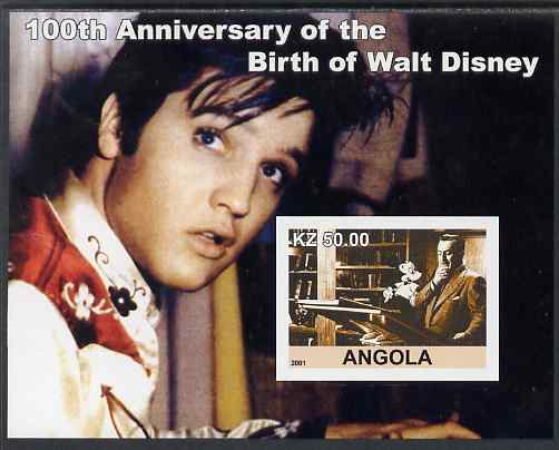 Angola 2001 Birth Centenary of Walt Disney #07 imperf s/sheet - Disney & Elvis, unmounted mint. Note this item is privately produced and is offered purely on its thematic appeal, stamps on personalities, stamps on music, stamps on films, stamps on cinema, stamps on movies, stamps on pops, stamps on rock, stamps on elvis, stamps on disney