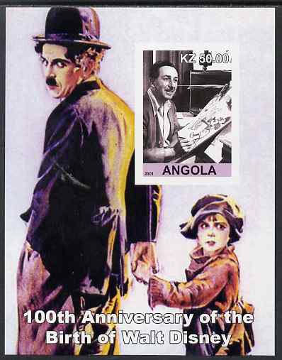 Angola 2001 Birth Centenary of Walt Disney #09 imperf s/sheet - Disney & Charlie Chaplin, unmounted mint, stamps on personalities, stamps on music, stamps on films, stamps on cinema, stamps on movies, stamps on chaplin, stamps on comedy, stamps on disney