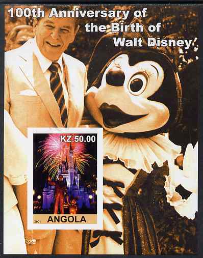 Angola 2001 Birth Centenary of Walt Disney #10 imperf s/sheet - Disneyland Fireworks & Ronald Reagan, unmounted mint. Note this item is privately produced and is offered purely on its thematic appeal, stamps on personalities, stamps on films, stamps on cinema, stamps on movies, stamps on disney, stamps on usa presidents, stamps on americana, stamps on fireworks