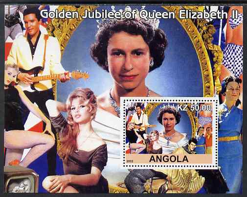 Angola 2002 Golden Jubilee of Queen Elizabeth II #2 perf s/sheet unmounted mint. Note this item is privately produced and is offered purely on its thematic appeal, stamps on personalities, stamps on films, stamps on cinema, stamps on movies, stamps on elvis, stamps on royalty, stamps on brigitte bardot, stamps on 