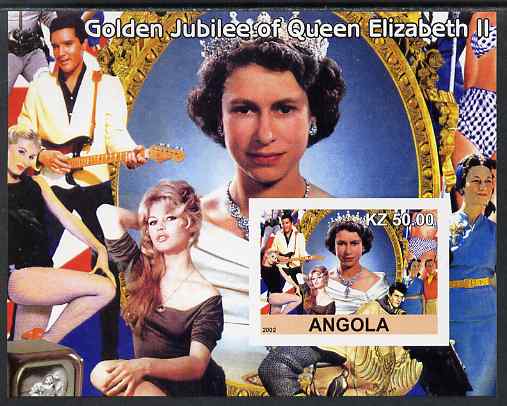 Angola 2002 Golden Jubilee of Queen Elizabeth II #2 imperf s/sheet unmounted mint. Note this item is privately produced and is offered purely on its thematic appeal, stamps on personalities, stamps on films, stamps on cinema, stamps on movies, stamps on elvis, stamps on royalty, stamps on brigitte bardot, stamps on 