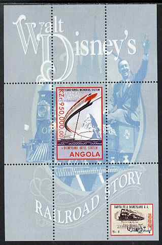 Angola 1999 Walt Disneys Railroad Story #2 perf s/sheet unmounted mint, stamps on personalities, stamps on films, stamps on cinema, stamps on movies, stamps on disney, stamps on railways