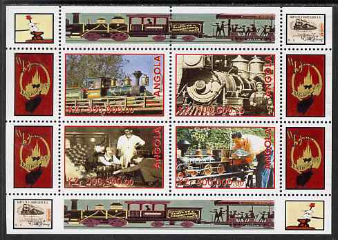 Angola 1999 Walt Disneys Railroad History #1 perf sheetlet containing 4 values unmounted mint, stamps on personalities, stamps on films, stamps on cinema, stamps on movies, stamps on disney, stamps on railways