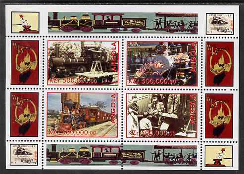 Angola 1999 Walt Disneys Railroad History #2 perf sheetlet containing 4 values unmounted mint, stamps on personalities, stamps on films, stamps on cinema, stamps on movies, stamps on disney, stamps on railways