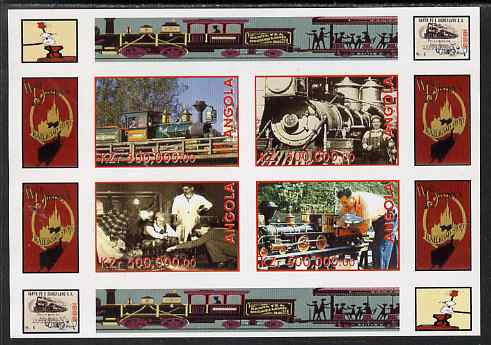 Angola 1999 Walt Disney's Railroad History #1 imperf sheetlet containing 4 values unmounted mint, stamps on , stamps on  stamps on personalities, stamps on  stamps on films, stamps on  stamps on cinema, stamps on  stamps on movies, stamps on  stamps on disney, stamps on  stamps on railways