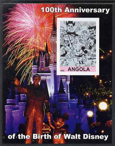 Angola 2002 Birth Centenary of Walt Disney #06 imperf s/sheet - Characters incl Charlie Chaplin & Disneyland Fireworks, unmounted mint. Note this item is privately produced and is offered purely on its thematic appeal, stamps on personalities, stamps on films, stamps on cinema, stamps on movies, stamps on disney, stamps on fireworks, stamps on comedy, stamps on chaplin