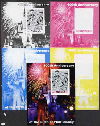 Angola 2002 Birth Centenary of Walt Disney #06 s/sheet - Characters incl Charlie Chaplin & Disneyland Fireworks - the set of 5 imperf progressive proofs comprising the 4 individual colours plus all 4-colour composite, unmounted mint , stamps on personalities, stamps on films, stamps on cinema, stamps on movies, stamps on disney, stamps on fireworks, stamps on comedy, stamps on chaplin