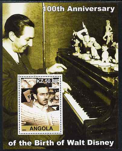Angola 2002 Birth Centenary of Walt Disney #07 perf s/sheet - Disney reading sheet music & at the Piano, unmounted mint. Note this item is privately produced and is offered purely on its thematic appeal, stamps on personalities, stamps on films, stamps on cinema, stamps on movies, stamps on disney, stamps on music