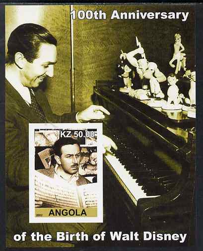 Angola 2002 Birth Centenary of Walt Disney #07 imperf s/sheet - Disney reading sheet music & at the Piano, unmounted mint. Note this item is privately produced and is offered purely on its thematic appeal, stamps on personalities, stamps on films, stamps on cinema, stamps on movies, stamps on disney, stamps on music