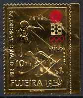 Fujeira 1971 Sapporo Winter Olympics 10r Skier embossed in gold foil, perf Mi 729A, stamps on olympics, stamps on skiing