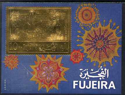 Fujeira 1971 Christmas 10r m/sheet with stamp design embossed in gold foil, perf, stamps on christmas