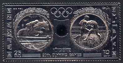 Ajman 1972 Munich Olympics 25r Horse Jumping & Boxing embossed in silver foil, perf, stamps on olympics, stamps on horses, stamps on boxing