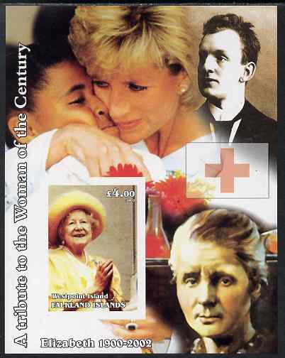 Westpoint Island (Falkland Islands) 2002 A Tribute to the Woman of the Century #5 Queen Mother imperf souvenir sheet unmounted mint (Also shows Diana & Marie Curie). Note this item is privately produced and is offered purely on its thematic appeal, it has no postal validity, stamps on royalty, stamps on nobel, stamps on medical, stamps on red cross, stamps on queen mother, stamps on women, stamps on personalities, stamps on diana