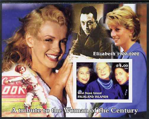 West Swan Island (Falkland Islands) 2002 A Tribute to the Woman of the Century #3 Queen Mother imperf souvenir sheet unmounted mint (Also shows Diana & Marilyn). Note thi..., stamps on personalities, stamps on royalty, stamps on diana, stamps on queen mother, stamps on films, stamps on cinema, stamps on movies, stamps on marilyn