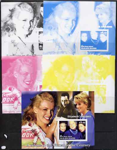 West Swan Island (Falkland Islands) 2002 A Tribute to the Woman of the Century #3 Queen Mother souvenir sheet (Also shows Diana & Marilyn) - the set of 5 imperf progressi..., stamps on personalities, stamps on royalty, stamps on diana, stamps on queen mother, stamps on films, stamps on cinema, stamps on movies, stamps on marilyn