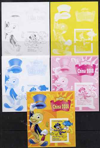 Somalia 2007 Disney - China 2008 Stamp Exhibition #01 m/sheet featuring Minnie Mouse & Jiminy Cricket - the set of 5 imperf progressive proofs comprising the 4 individual colours plus all 4-colour composite, unmounted mint , stamps on disney, stamps on films, stamps on cinema, stamps on movies, stamps on cartoons, stamps on stamp exhibitions, stamps on scuba